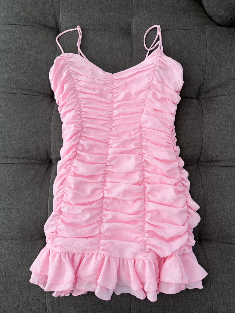 Lucy in the Sky Pink Ruched Ruffle Spaghetti Strap Mini Dress